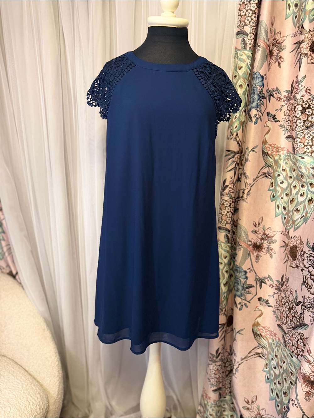 Altar’d State Navy Blue Lace Crochet Sleeve Shift Dress Size M Boho
